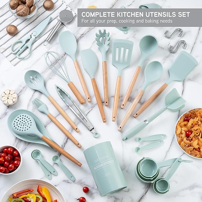 Country Kitchen Non Stick Silicone Utensil Set with Rounded Wood Handles for Cooking and Baking, 38 Piece Set, Mint