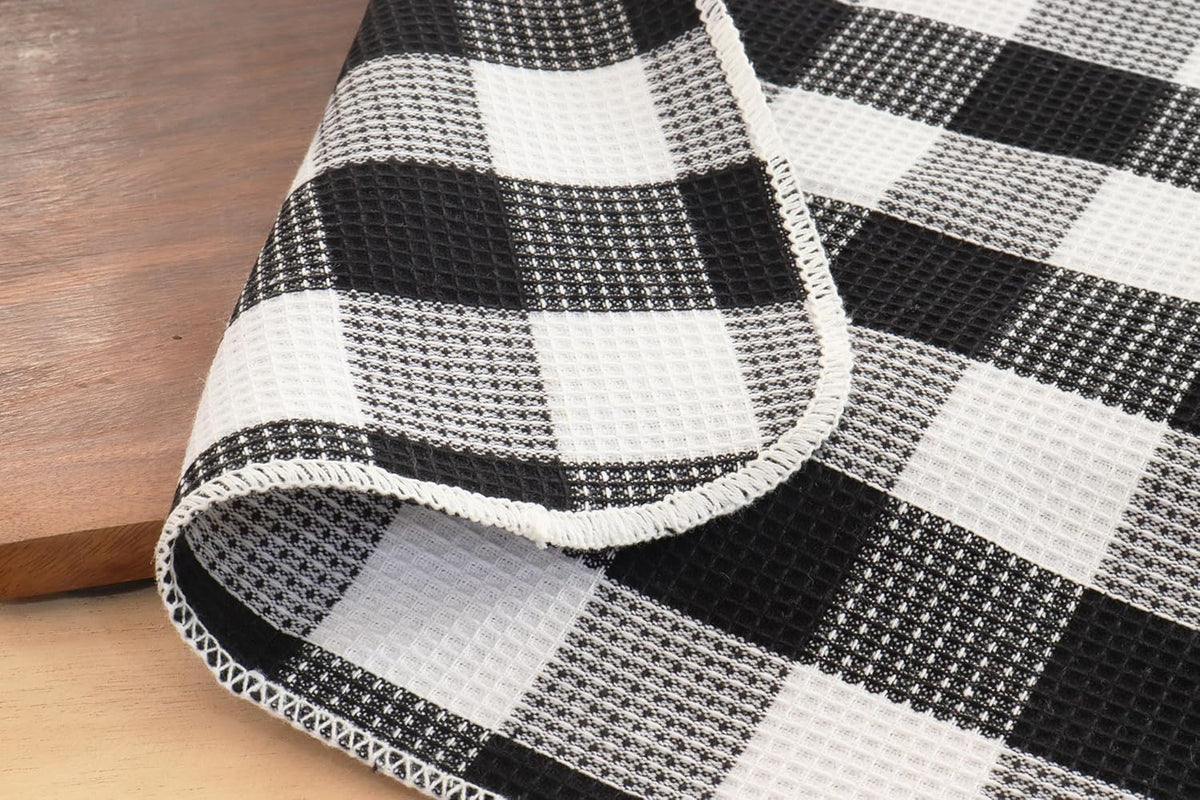 PurpleEssences Waffle Weave Plaid Dish Cloths, 100% Cotton - 12 x 12 Inches, Ultra Soft Absorbent Quick Drying Dish Towels Buffalo Check Dish Rags for Kitchen, 6 Pack - Spring Summer- Black and White