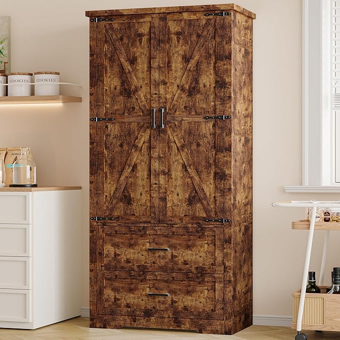 Pantry Organizers and Storage Cabinet, 71” Barn Door White Kitchen Cabinet with Drawers and Adjustable Shelf, Tall Pantry for Kitchen, Dining Room, Living Room. Bathroom and Office