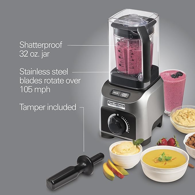 Hamilton Beach Professional Quiet Shield Blender, 1500 Watts Peak Power, 32oz BPA Free Jar, 4 Programs & Variable Speed Dial for Smoothies, Ice Crush, Puree, Silver (58870)