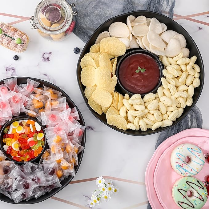 Chip & Dip Serving Set, 2 PCS Divided Cheeses Serving Platter, Relish Tray, Round Compartment Appetizer Set for Chips and Dip, Veggies, Candy and Snacks, Black, Set of 2
