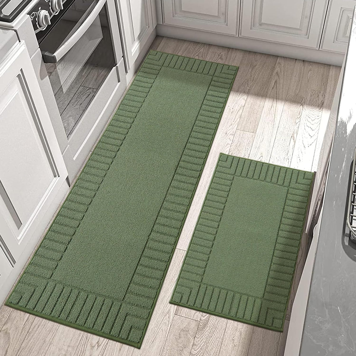 BEQHAUSE-Kitchen-Rugs-Non-Slip-Kitchen-Mats-for-Floor Machine Washable Kitchen Rugs 2 Pieces Kitchen Carpet Runner with TPR Backing,Green,24x35inch/24x60inch