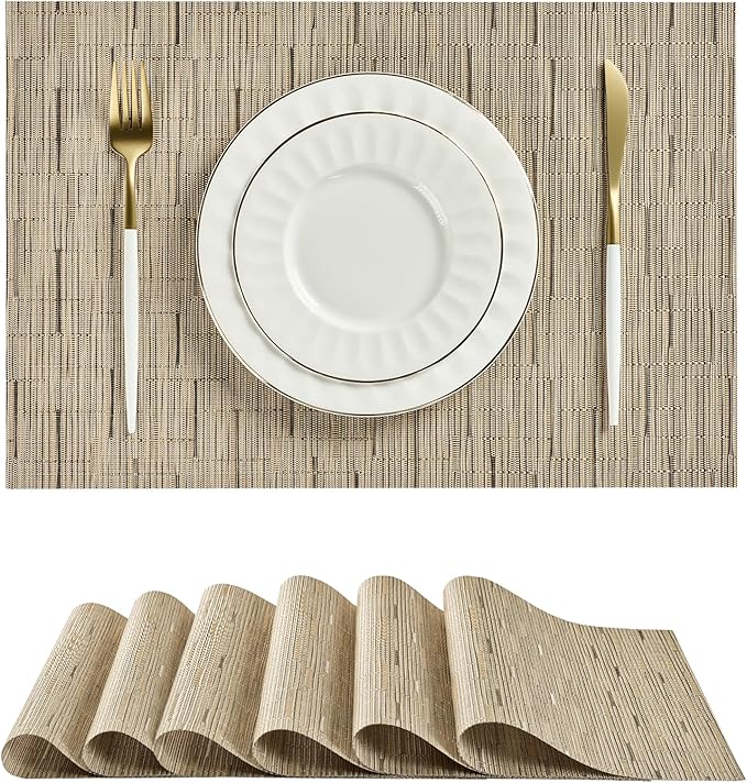 Leetaltree Light Brown Placemats Set of 6 - Heat Resistant Non-Slip Place mats for Dining Table, Washable Durable PVC Vinyl Woven Table Mats（Light Brown, 6）