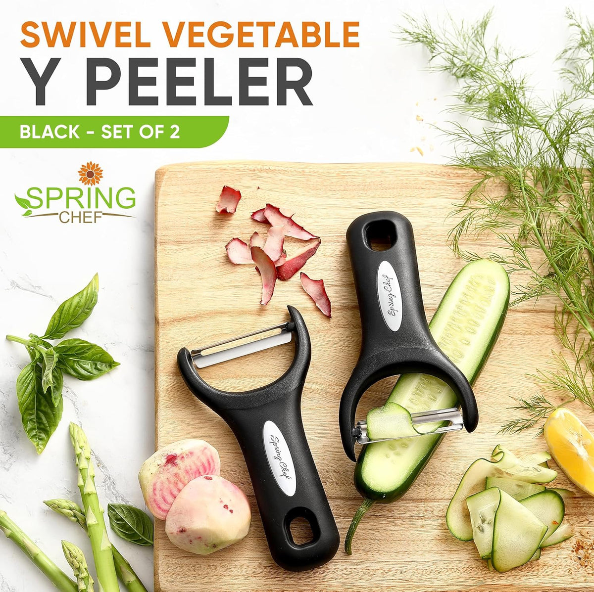 Spring Chef Stainless Steel Vegetable Y Peeler for Kitchen, Dishwasher Safe Potato Peelers with Ultra Sharp Blades & Soft Grip Handle, Perfect for Apple, Carrot, Cucumber, Veggie - Set of 2 - Black