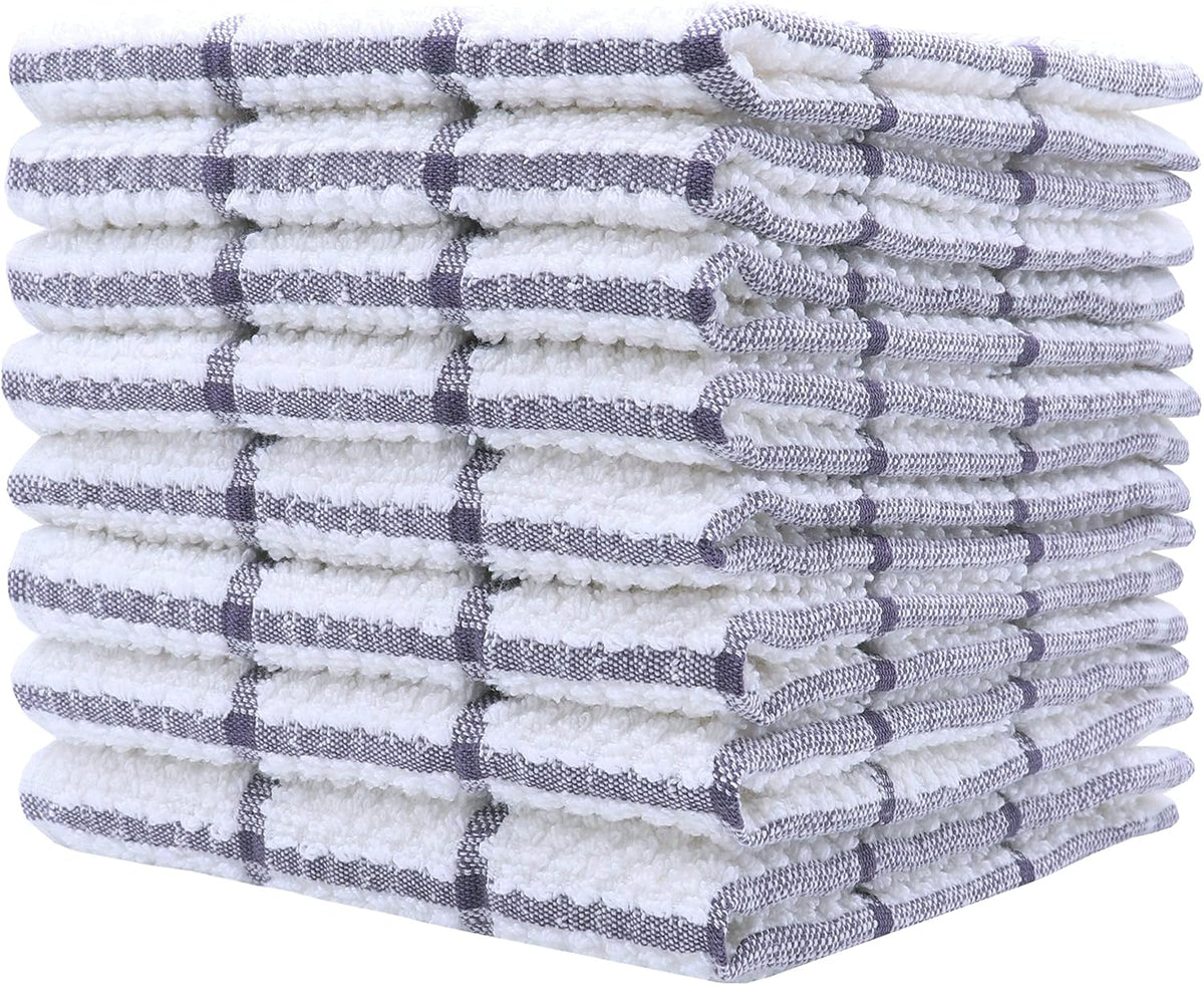 Cotton Grid Dish Cloths, Terry Cleaning Rags, 12 x 12 Inches, Light and Soft, Quick Drying Dish Rags, 8pc/Set (Purple)