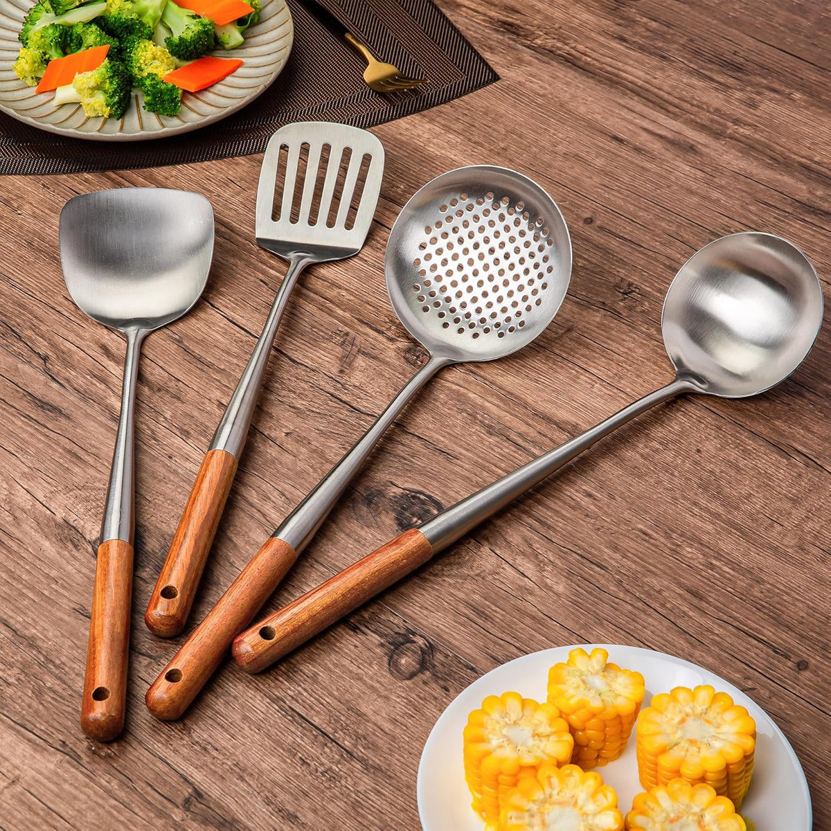 FJNATINH 17inch Wok Spatula and Ladle, Skimmer Spoon, Slotted Turner Spatula Set 304 Stainless Steel Kitchen Utensils Sets, 4-Pieces Cooking Utensils Tools Wok Accessories