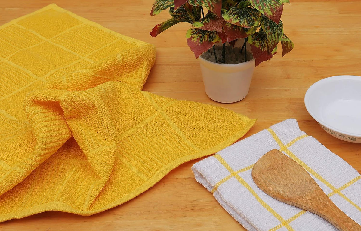 AMOUR INFINI Kitchen Towels Pack of 4 Absorbent, Quick Drying Premium Terry Cotton Dish Towel with Hanging Loop 16x28 Inch Hand & Tea Towels (Yellow)