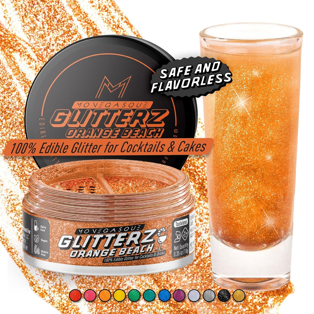 MONÉGASQUE Orange Edible Glitter for Drinks 10g – Edible Glitter for Cakes & Cocktails – Orange Cupcakes & Halloween Cake Decorations Spray Sprinkles – Drink Shimmer Powder for Cocktail Sparkles