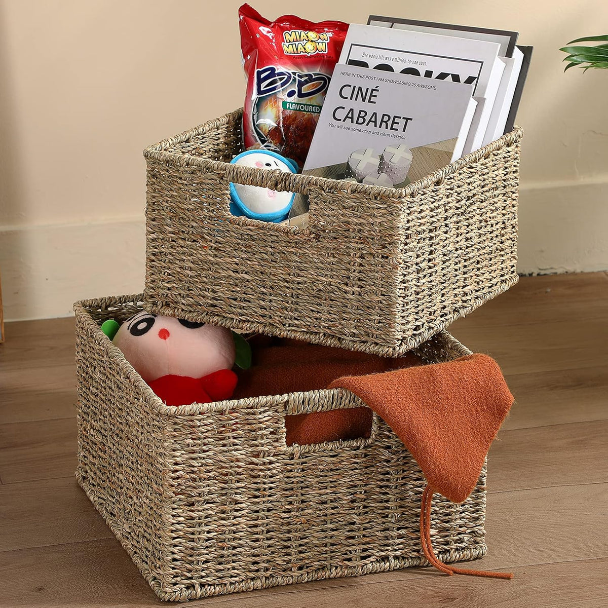 HOONEX Wicker Storage Baskets for Organizing, Decorative Woven Seagrass Baskets for Storage with Carrying Handles, Set of 2, Natural