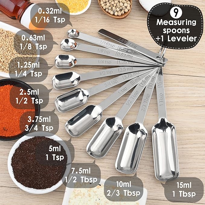 17-Piece Stainless Steel Measuring Cups and Spoons Set, Silver, 7 Cups & 9 Spoons + Leveler