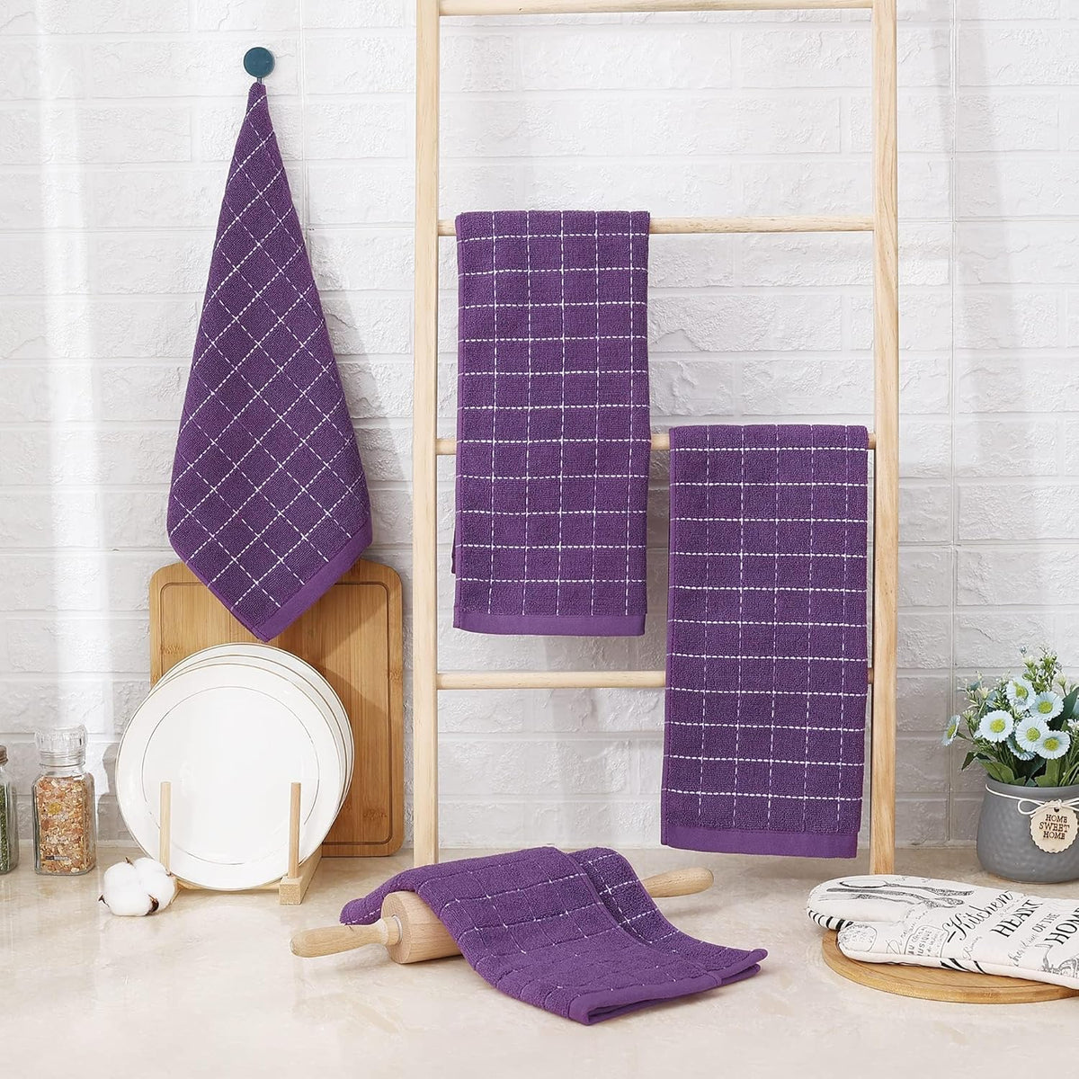 Homaxy 100% Cotton Terry Kitchen Towels(Purple, 13 x 28 inches), Checkered Designed, Soft and Super Absorbent Dish Towels, 6 Pack