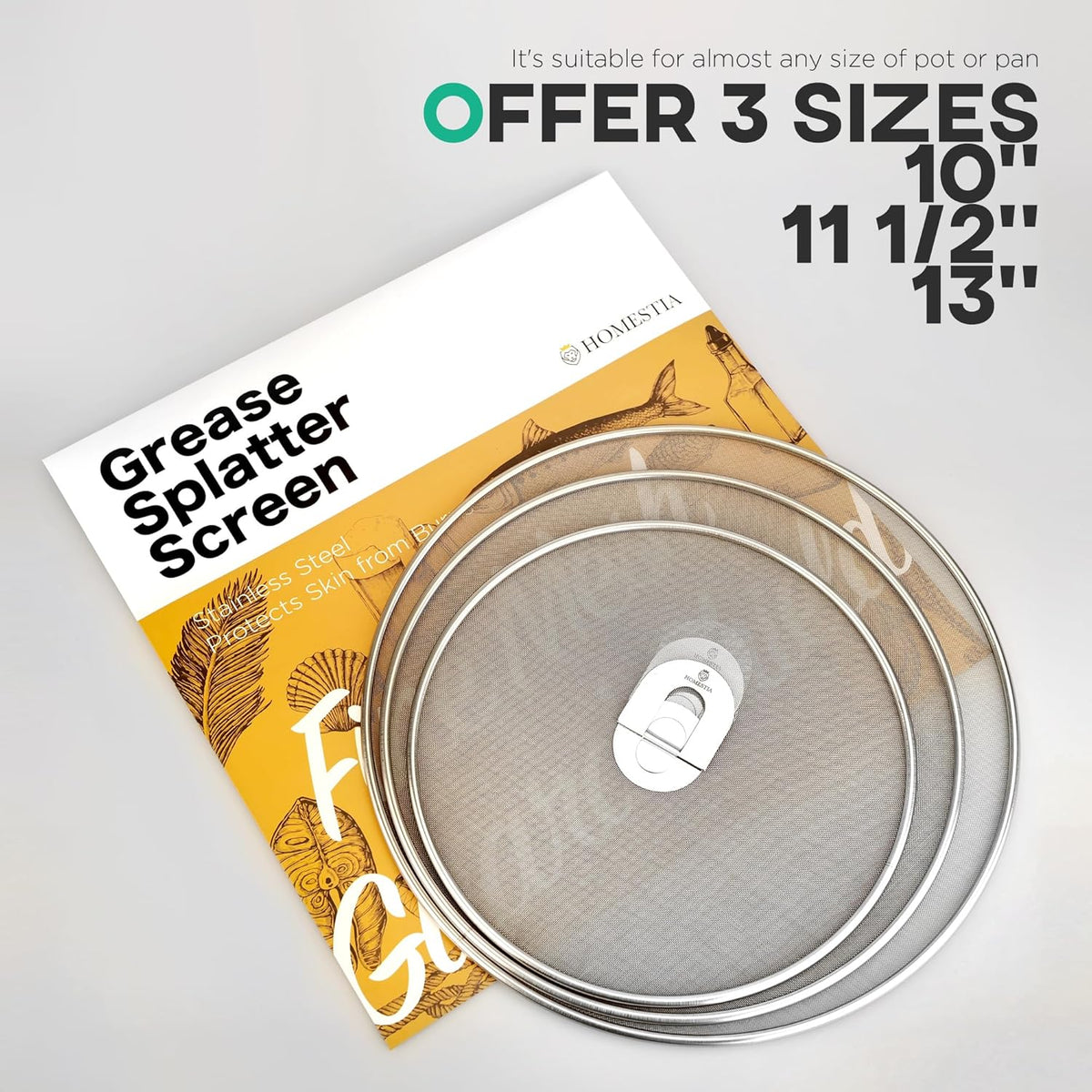 Homestia Kitchen Splatter Screen for Cooking - 10'' 11.5'' 13'' Stainless Steel Grease Splatter Guard for Frying Pan, Ultra Fine Mesh Lids with Fold Flat Knob Set for Prevent Oil Splatter (3 Pack)