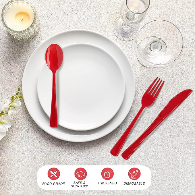 300 Pieces Christmas Red Plastic Silverware Heavy Duty Plastic Cutlery Set Heavyweight Disposable Flatware Includes Spoons Forks Knifes for Party Prom Night Wedding Dinner