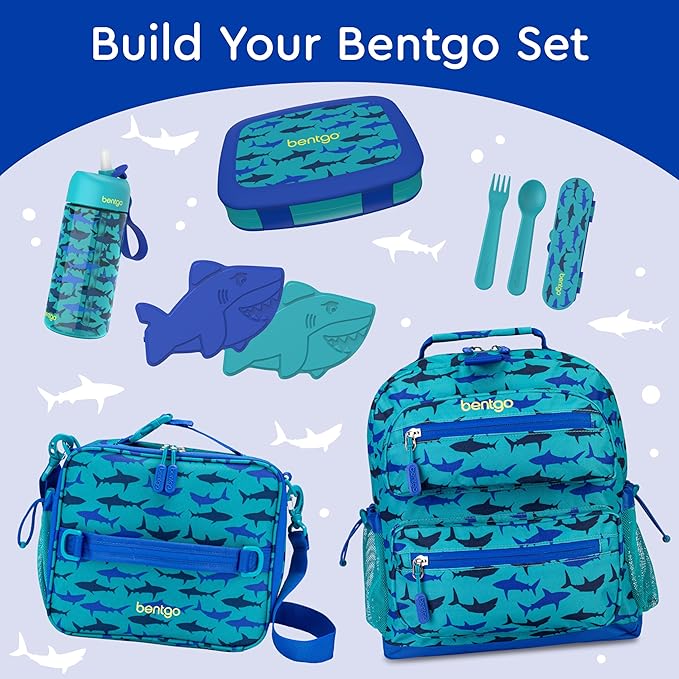 Bentgo Kids Prints Leak-Proof, 5-Compartment Bento-Style Kids Lunch Box - Ideal Portion Sizes for Ages 3-7, Durable, Drop-Proof, Dishwasher Safe, & PFAS & BPA-Free Materials (Sharks)