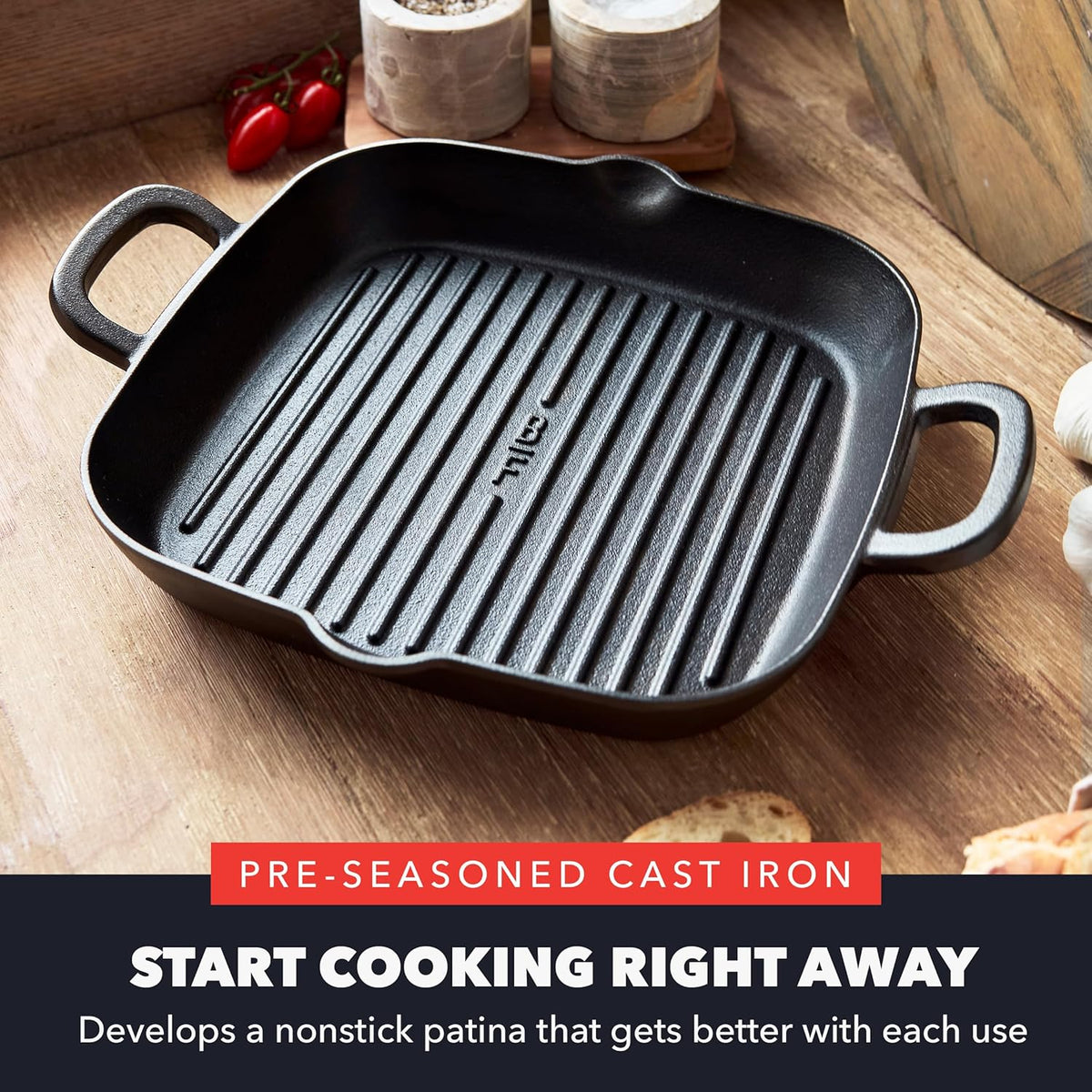 GreenPan x Bobby Flay Cast Iron 11” Square Grill Pan, Pre-Seasoned Professional Grade Heavy Duty Skillet, Helper Handles, Induction Suitable, Stovetop, Oven, BBQ & Fire, Indoor & Outdoor Use, Black
