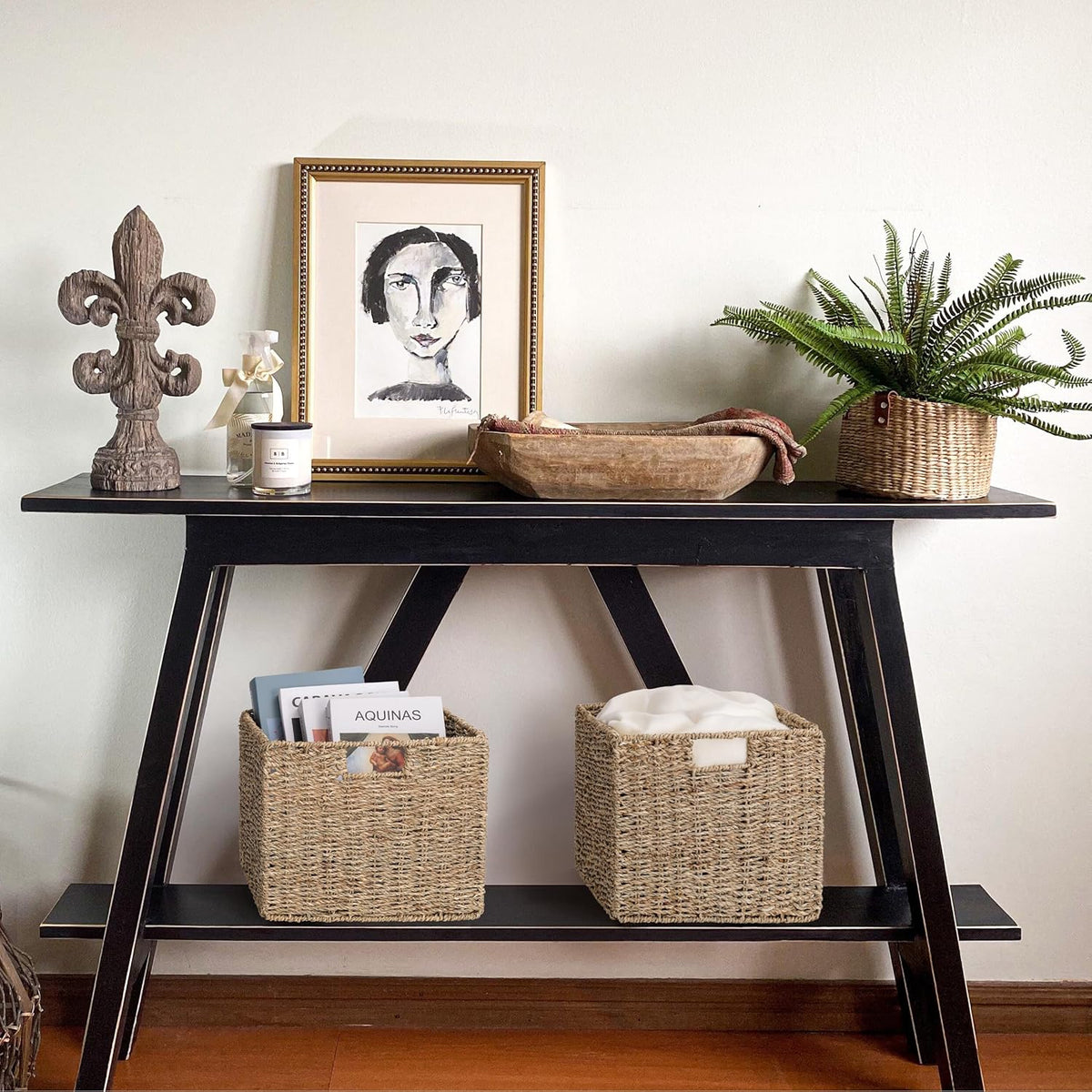 Seagrass Storage Baskets, 12X12X10in Cube Wicker Storage Basket for Shelves, Pantry Baskets Organization and Storage, Kitchen Storage Baskets, Bathroom Shelves Storage Basket Set of 3