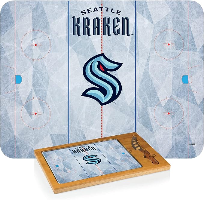 PICNIC TIME NHL Seattle Kraken Hockey Rink Icon Glass Top Cutting Board & Knife Set, Cheese Boards Charcuterie Boards, Serving Platter, (Parawood & Bamboo)