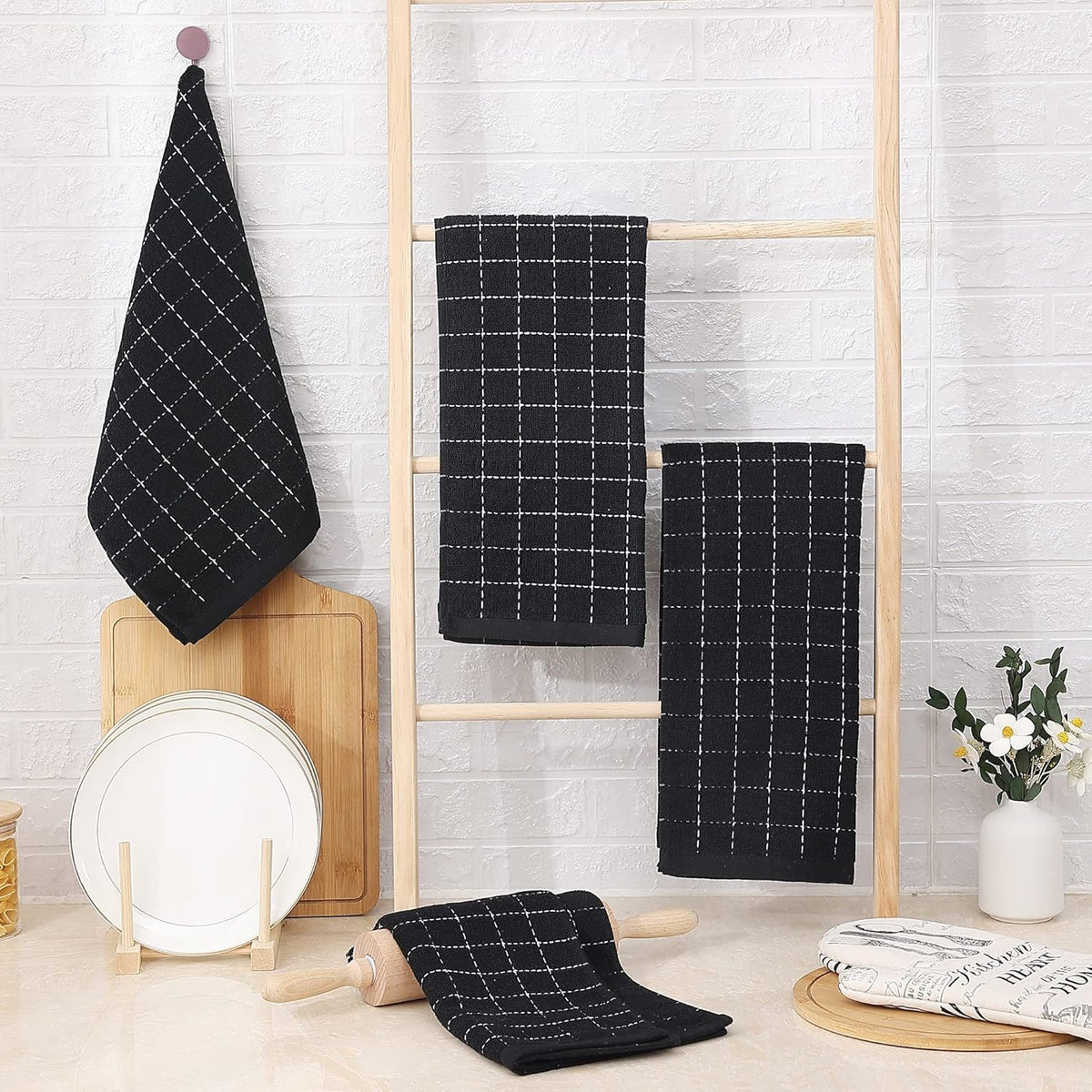 Homaxy 100% Cotton Terry Kitchen Towels(Black, 13 x 28 inches), Checkered Designed, Soft and Super Absorbent Dish Towels, 8 Pack