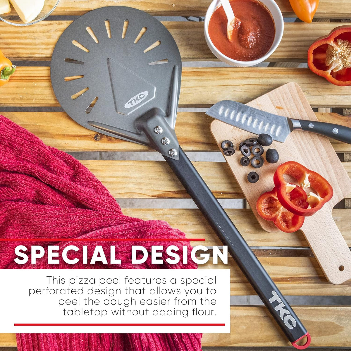 TKC 8" Perforated Pizza Peel - Professional Aluminum Pizza Turning peel - Long Handle Metal Pizza Spatula for Indoor and Outdoor - Lightweight Non-Stick Pizza Turner - Pizza Oven Accessories