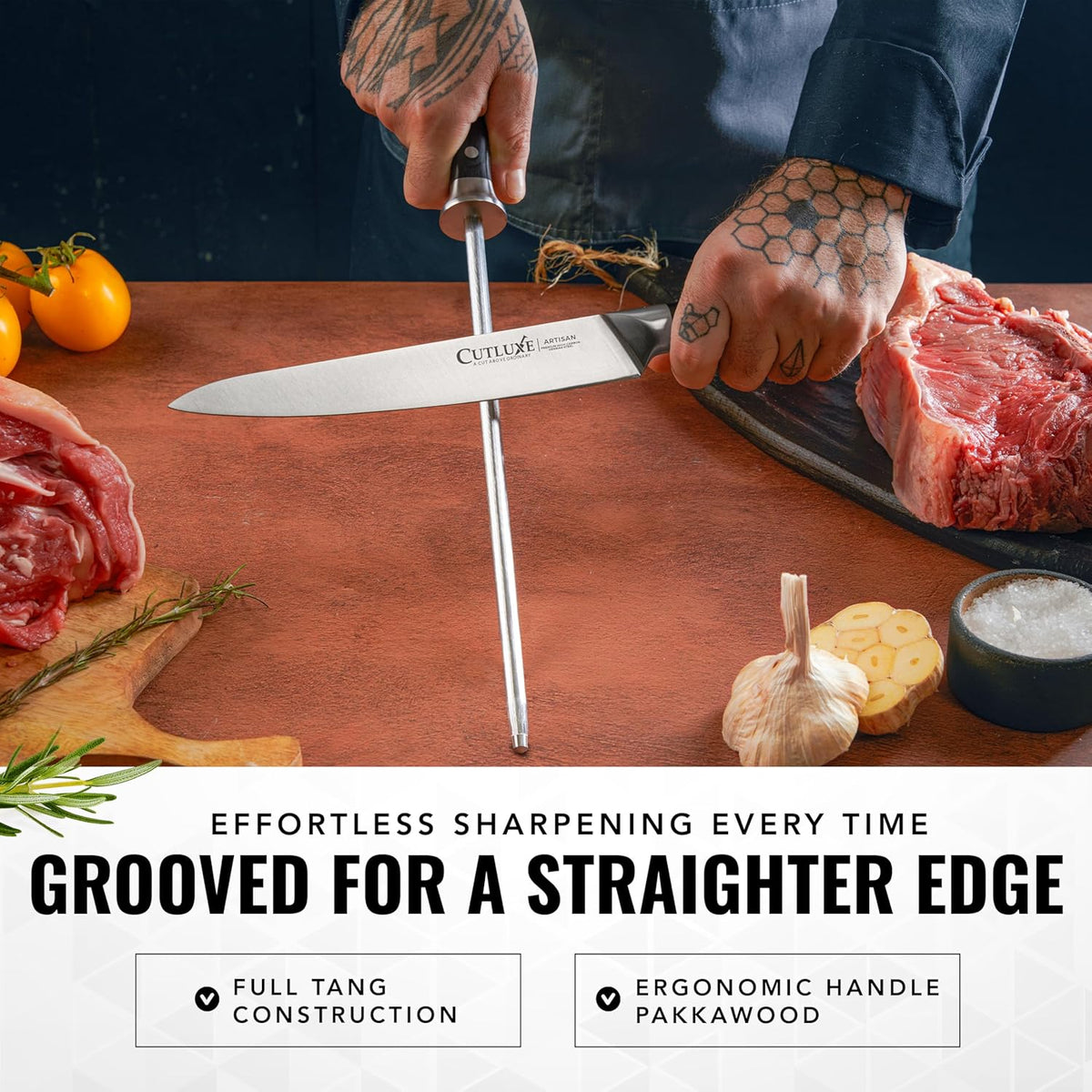 Cutluxe Honing Rod, Sharpening Steel for Kitchen Knives – 12" Honing Steel – Ergonomic Handle Design – Artisan Series