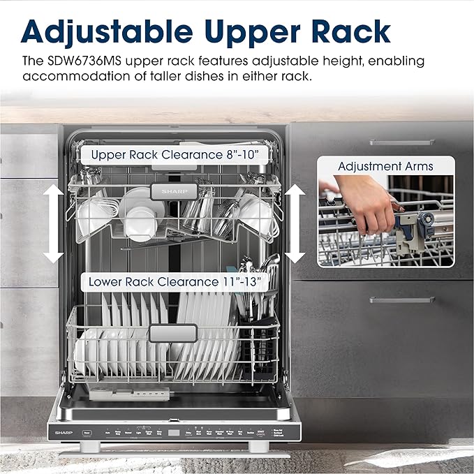 Sharp SDW6736MS 24-inch Stainless Steel Dishwasher, Third Rack, Library Quiet 47 dB, Power Wash Sprayer