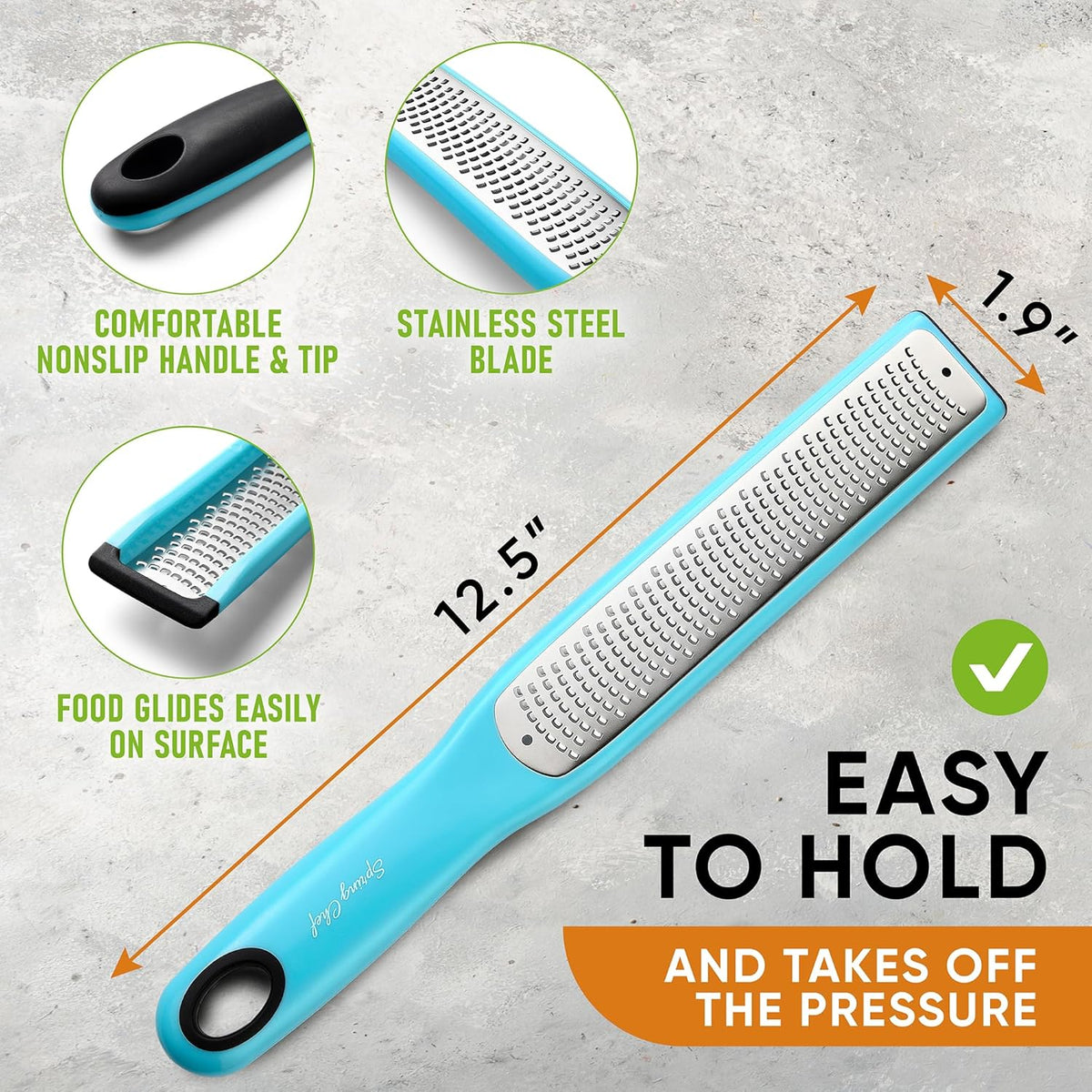 Spring Chef Premium Lemon Zester Grater with Handle - Fruits, Garlic, Chocolate, Nutmeg, Ginger Grater - Heavy Duty Kitchen Tool - Stainless Steel Citrus Zester with Blade Cover - Fine Shred, Aqua Sky