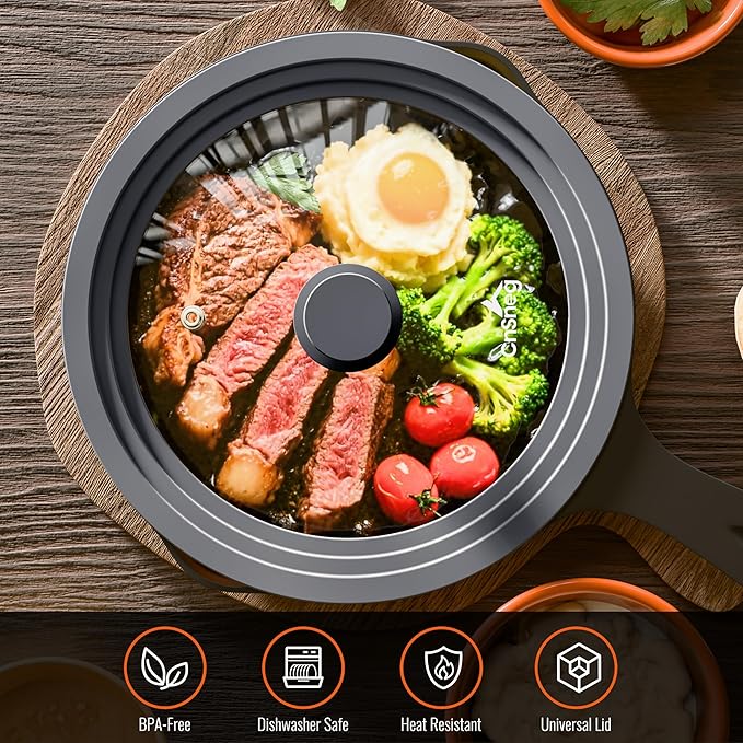 Universal Lids for Pots, Pans and Skillets, 10.5", 11" and 12" Pan Lid, Tempered Glass Pot Lid with Silicone Rim Heat Resistant, Replacement Pan Cover for Frying, Cookware & Bakeware Lids, Grey