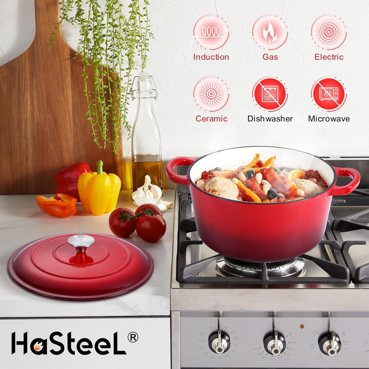 Small 3 Quart Dutch Oven, HaSteeL Round Cast Iron Cooking Pot with Lid, Nonstick Enameled Cookware for Sourdough Bread Baking Roasting Stewing Braising Frying, Heavy Duty & Oven Safe 500℉, Red
