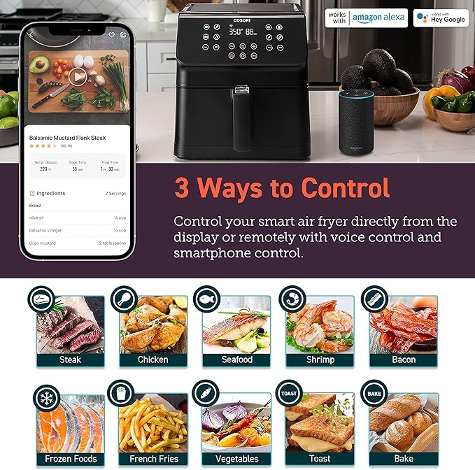 COSORI Air Fryer Pro Smart 5.8QT that Roast, Bake, 3-Way Control, 12-IN-1 Customizable Functions, Online Recipes, Detachable Basket, Works with Alexa & Google Assistant