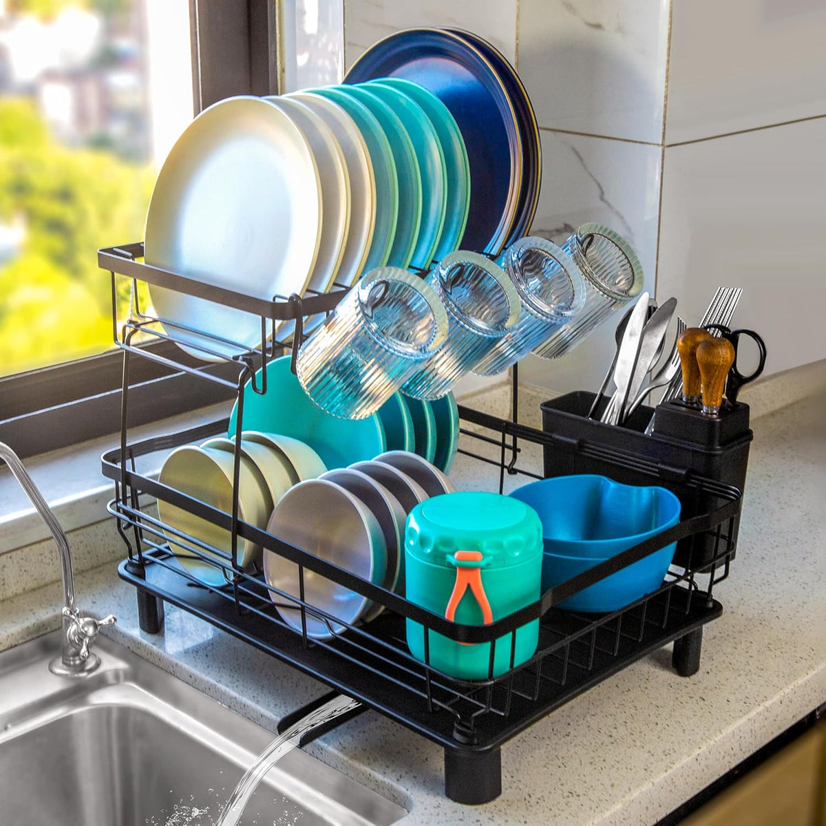 2-Tier Dish Drying Rack for Kitchen Counter,Space-Saving Dish Rack with Drainboard,Rustproof Countertop Dish Drainer with Utensil Holder for Sink,Black