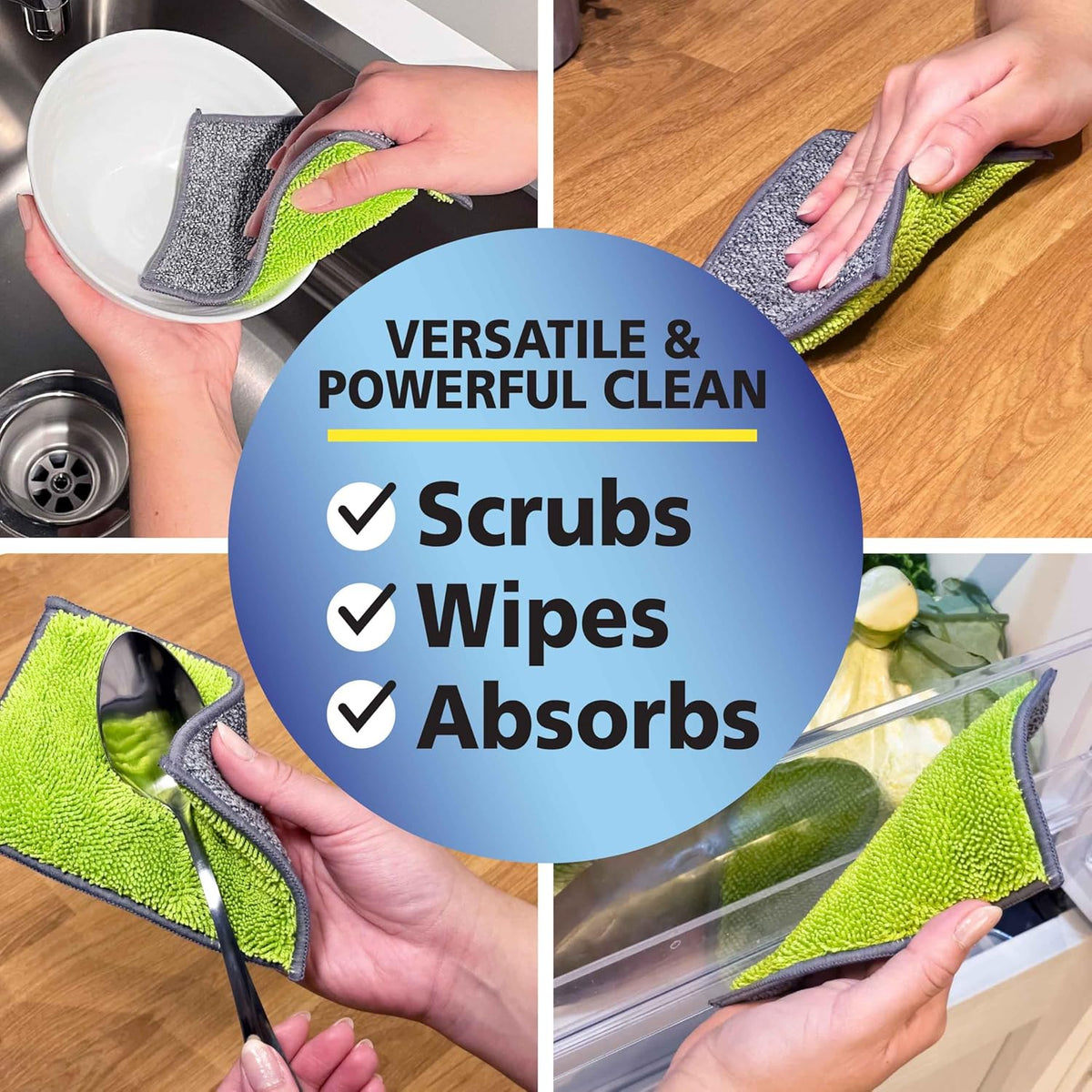 Fresh Tuff-Scrub, Large, 6-Pack Scrub-N-Wipe Sponge Cloth with Silvadur Antimicrobial for Odor Control, Microfiber, Multi-Surface, Non-Scratch, Dual-Sided, Machine Washable, Durable Kitchen Sponge