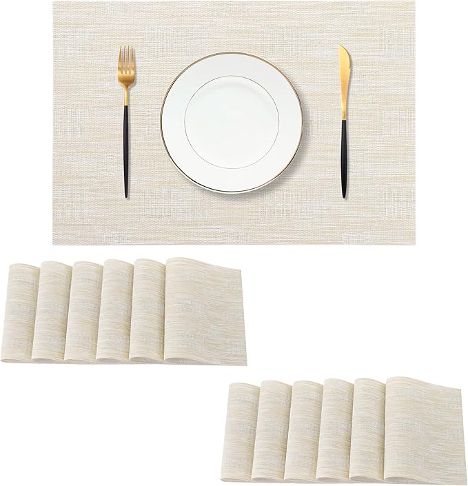 Leetaltree Wheat Placemats Set of 12 - Heat Resistant Non-Slip Place mats for Dining Table, Washable Durable PVC Vinyl Woven Table Mats（Wheat, 12）