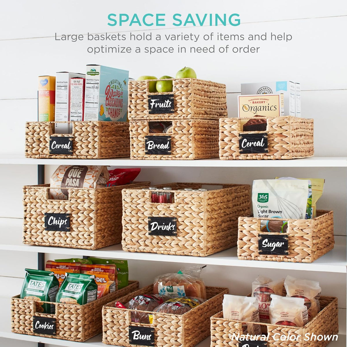 Best Choice Products Pantry Baskets Set of 2 16x12in Water Hyacinth Storage Baskets, Woven Wicker Kitchen Organizers with handles w/Chalkboard Label Chalk Marker - White