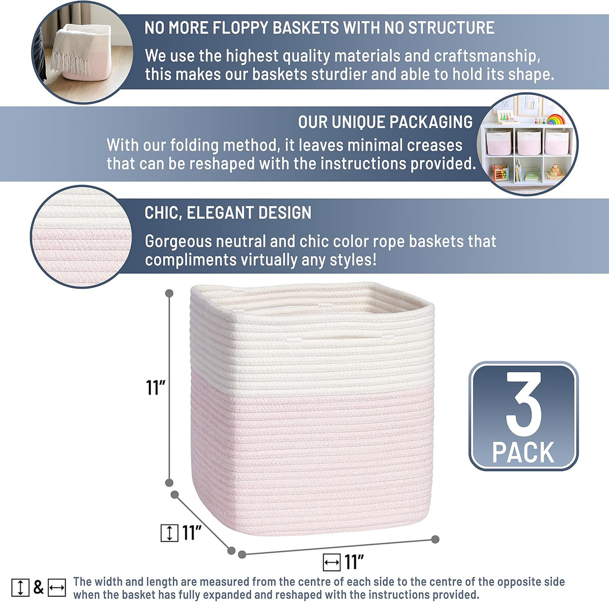 NaturalCozy Storage Cubes 11 Inch Cotton Rope Woven Baskets for Organizing, 3-Pack | Cube Storage Bin | Square Storage Baskets for Shelves Organizer, Classroom, Kids Toy Bins, Closet, Baby Nursery