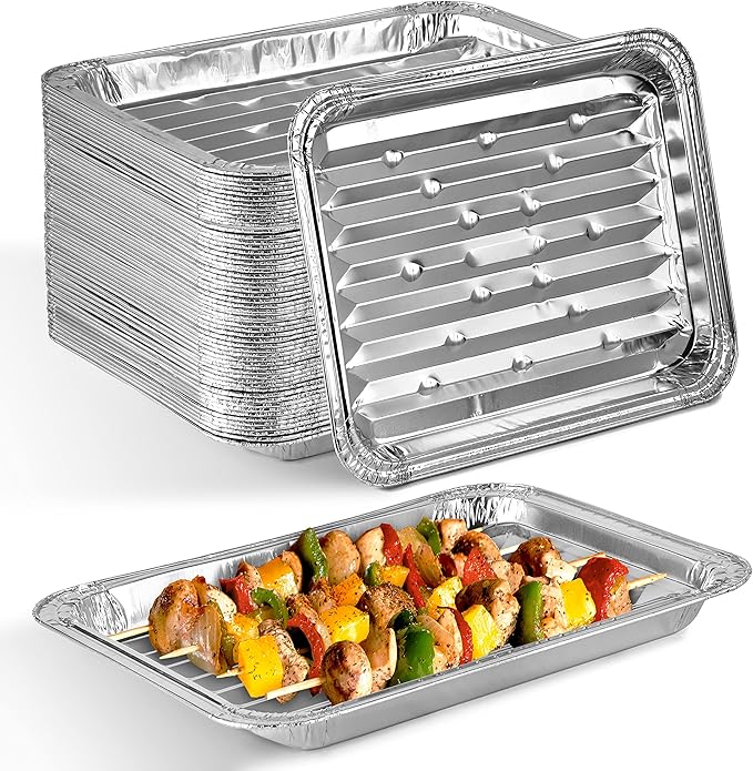 Stock Your Home Disposable Aluminum Foil Broiler Pan for Oven (25 Pack) Sheet Pans for Grilling, Roasting Rack, Trays with Ribbed Surface for BBQ Grill-Like Texture