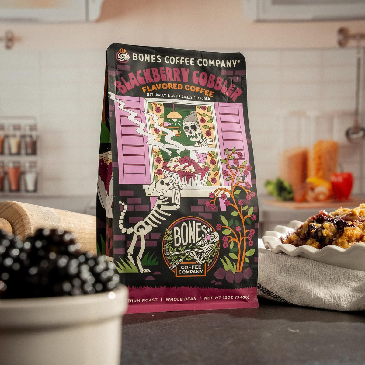 Bones Coffee Company Blackberry Cobbler Flavored Coffee Beans, Whole Bean Coffee Medium Roast Low Acid, Blackberry Cobbler Flavor (12 oz)