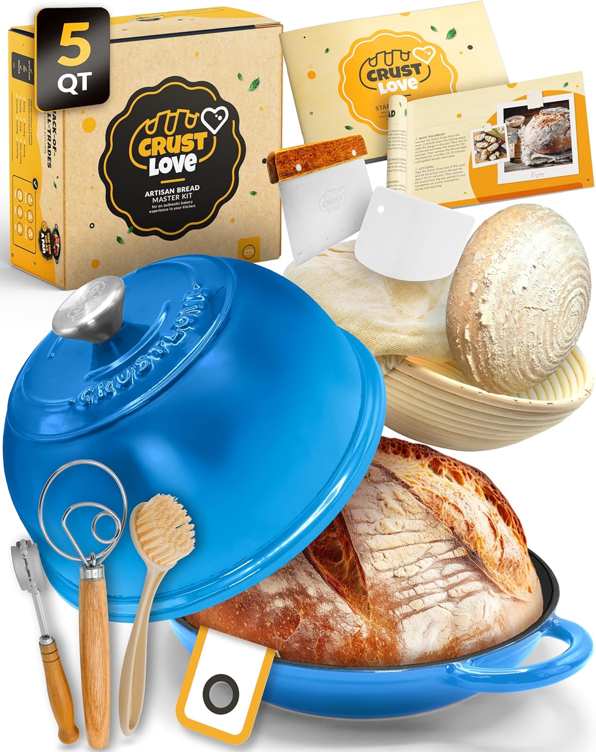 Dutch Oven Bread Baking - 5QT Enamel Bread-Dome - incl Sourdough Bread-Baking Suppliers like Dough Whisk Scoring Lame etc Bread-Oven Cast Iron for Sour dough Bread-Pan with Lid, Bread-making