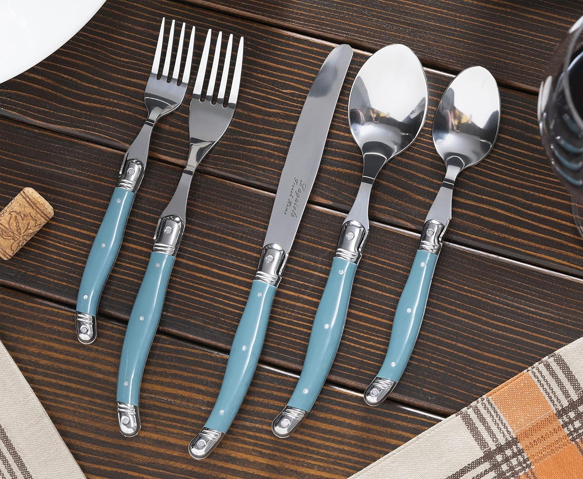 French Home Laguiole 20 Piece Flatware Set – Stainless Steel Flatware Set for 4 – Luxurious Aegean Teal Utensil Set with Knives, Spoons and Forks