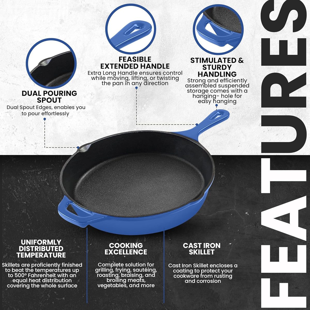 Utopia Kitchen Pre Seasoned Chefs Pan Cast Iron Skillet Frying Safe Grill Cookware for indoor & Outdoor Use (Blue, 10.25 Inch (Pack of 1))