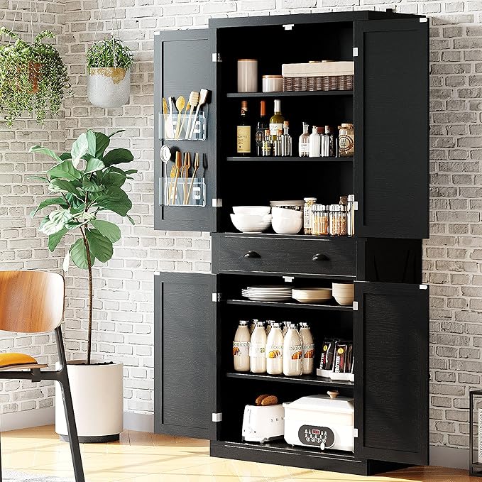 IRONCK Kitchen Pantry Storage Cabinet 72.6" H, with Barn Doors, Drawer, 4 Adjustable Shelves, Freestanding Cupboard for Dining Room Living Room, Laundry, Black