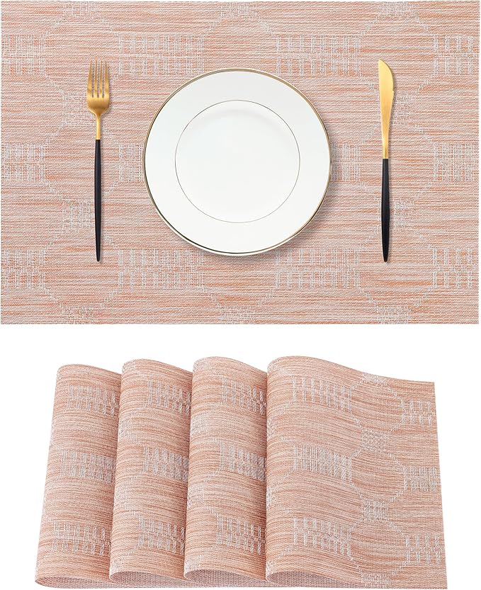 Leetaltree Coral Placemats Set of 4 - Heat Resistant Non-Slip Place mats for Dining Table, Washable Durable PVC Vinyl Woven Table Mats（Coral, 4）