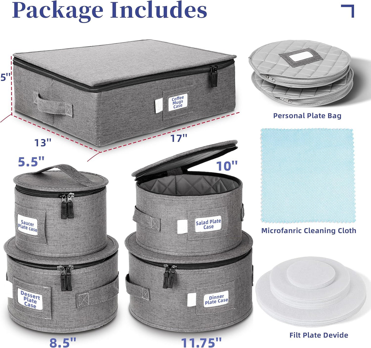 LUXULA China Storage Containers for 12 Place Setting with Two Plate Bags, 5 Pcs Hard Shell Quilted China Storage Cases for Dinner Plates, Salad Plates, Dessert Plates, Saucers, Cups & Mug Storage