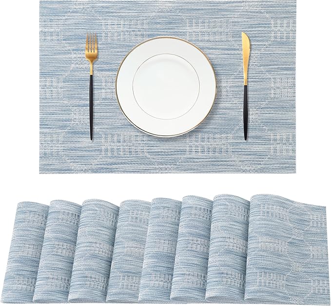 Leetaltree Jacquard Blue Placemats Set of 8 - Heat Resistant Non-Slip Place mats for Dining Table, Washable Durable PVC Vinyl Woven Table Mats(Jacquard Blue, 8)