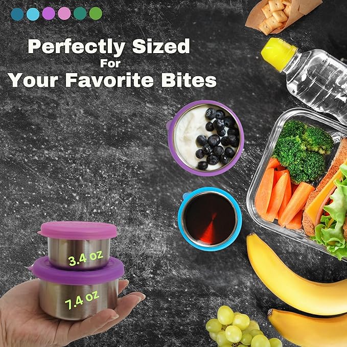 12-Piece Stainless Steel Snack Dip Condiment Containers Set | 3 x 7.4 oz and 3 x 3.4 oz with Silicone Lids | Reusable Leakproof Food Storage Containers for Lunch Meal Prep and Travel