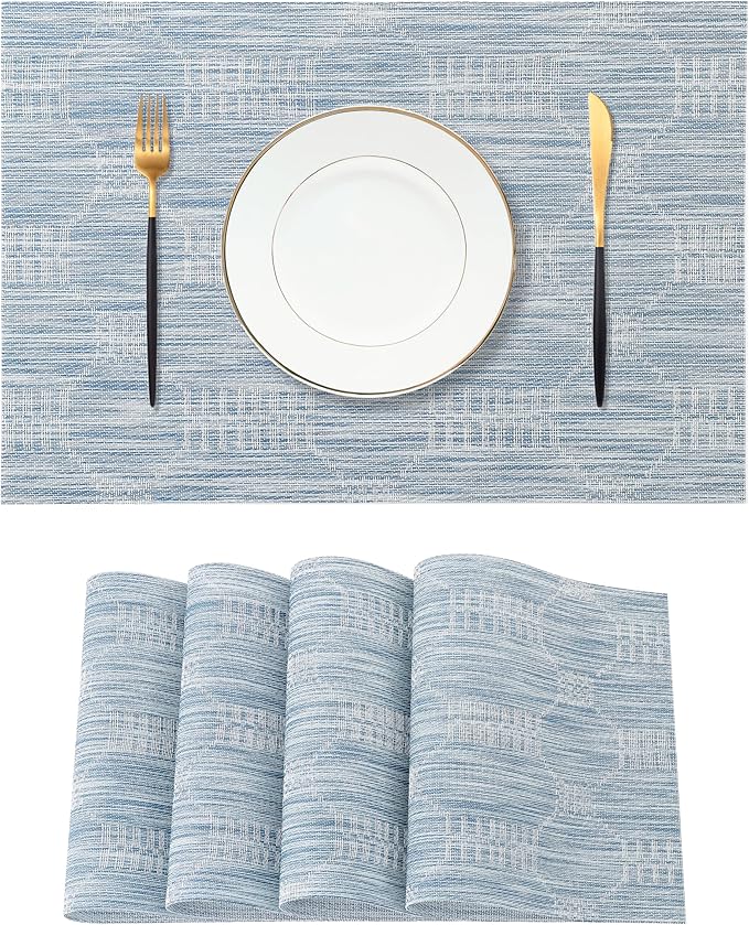 Leetaltree Jacquard Blue Placemats Set of 4 - Heat Resistant Non-Slip Place mats for Dining Table, Washable Durable PVC Vinyl Woven Table Mats (Jacquard Blue, 4)