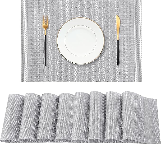 Leetaltree Lunar Grey Placemats Set of 8 - Heat Resistant Non-Slip Place mats for Dining Table, Washable Durable PVC Vinyl Woven Table Mats（Lunar Grey, 8）