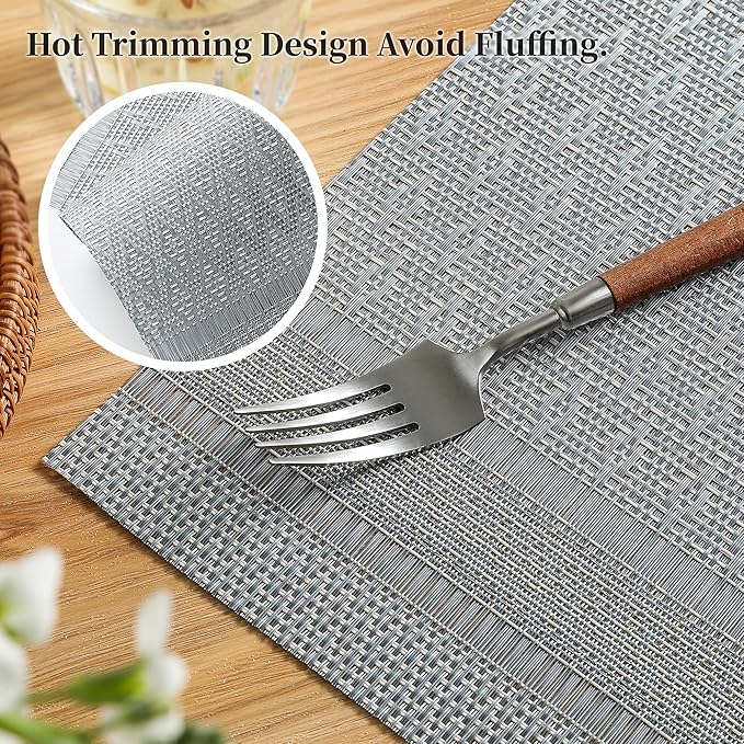 Leetaltree Lunar Grey Placemats Set of 12 - Heat Resistant Non-Slip Place mats for Dining Table, Washable Durable PVC Vinyl Woven Table Mats（Lunar Grey, 12）