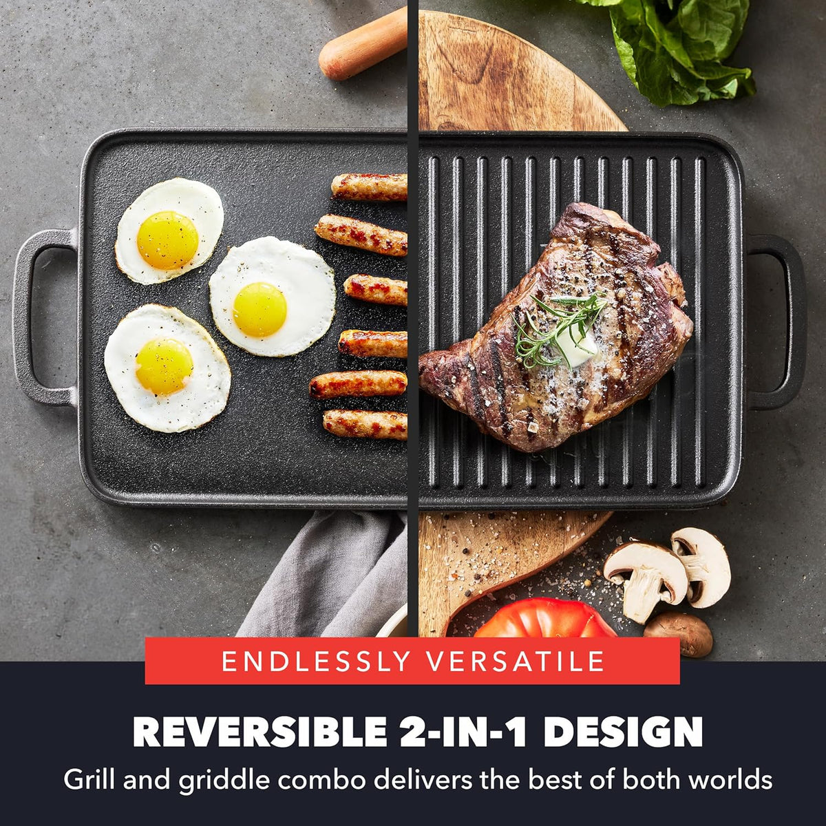GreenPan x Bobby Flay Cast Iron Pre-Seasoned 16.5 x 9.5” Reversible Double Burner Griddle, Rectangular Grill, Helper Handles, Induction, Versatile Stovetop Oven BBQ & Fire, Indoor & Outdoor Use, Black
