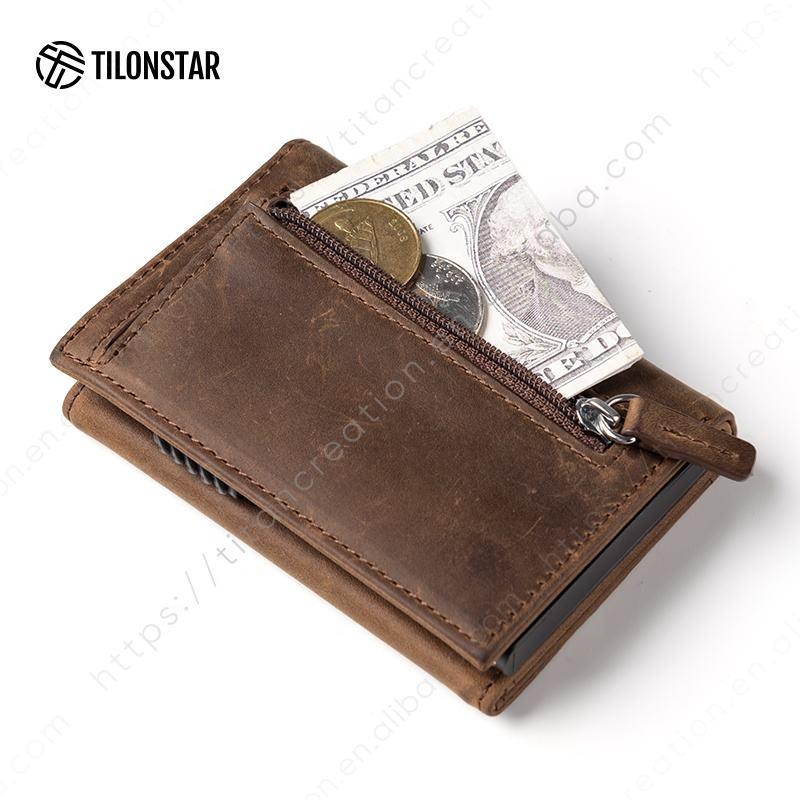 Snavya Crazy Horse Genuine Leather Card Holder – Aluminum Automatic Pop-Up Wallet for Men | Slim RFID ID Holder